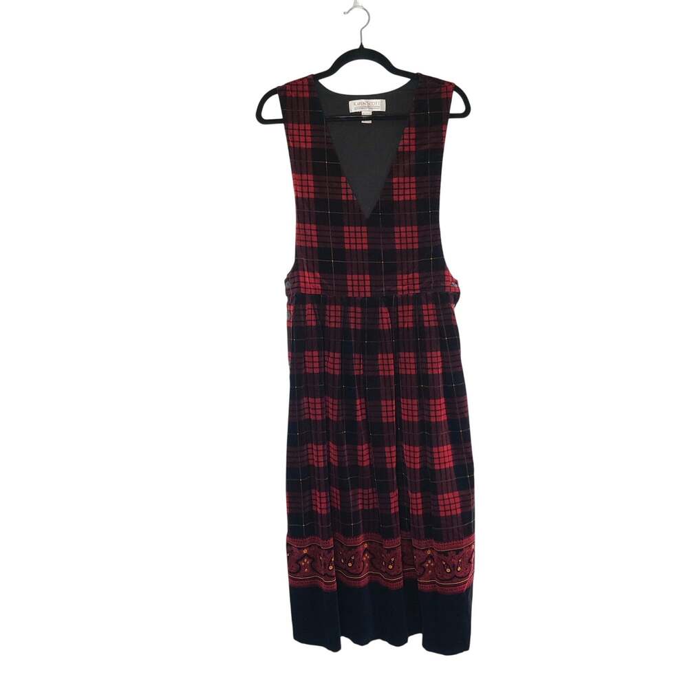 Vtg 90s Karen Scott Corduroy Plaid Jumper Pinafore Dress 8 Fall Dark Academia